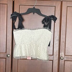 SHEIN Polka Dot Smocked Top with Black Tie Straps